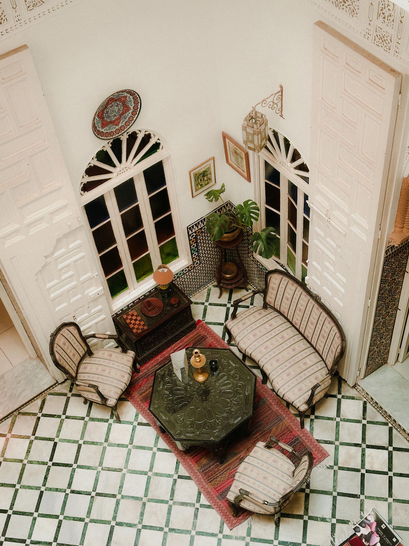 Aerial view of a stylish Moroccan living room